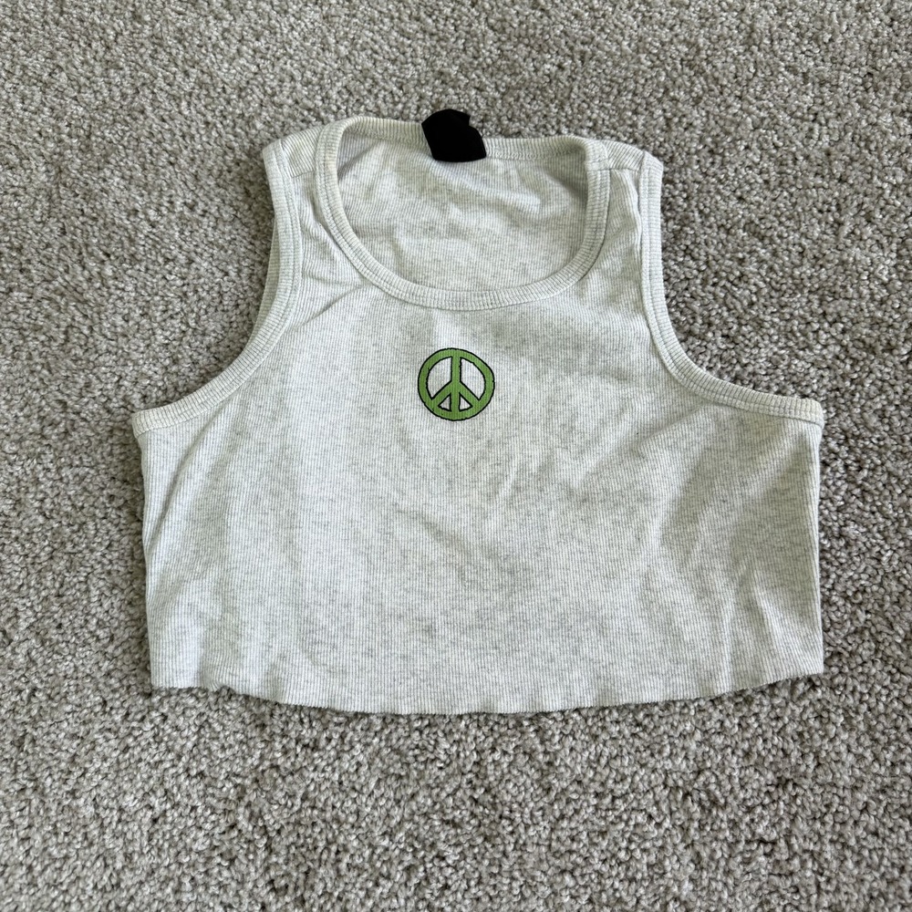 PacSun Tank Top Womens XS Gray Ribbed Cropped Peace Sign Graphic Stretch Jersey